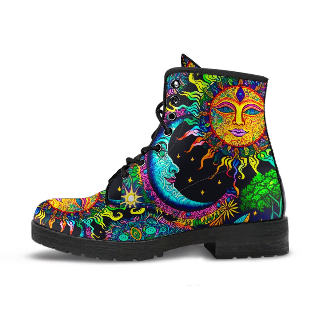 Moon Sun Print Pattern Men Women Leather Boots