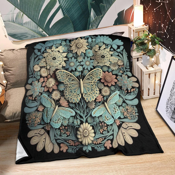 Intricate Butterfly Flowers Premium Cottagecore Blanket - Crystallized Collective