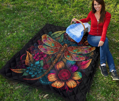 Psychedelic Dragonfly Flowers Premium Quilt - Crystallized Collective
