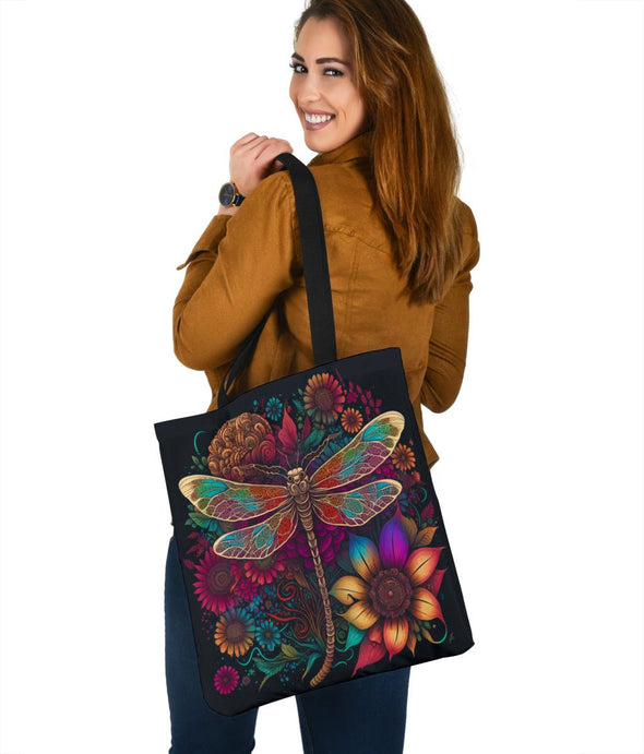 Psychedelic Dragonfly Flowers Tote Bag - Crystallized Collective